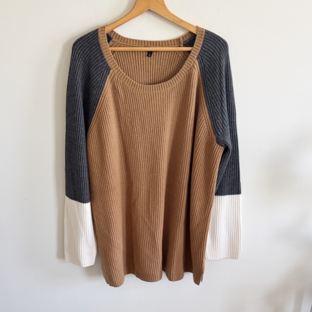 Talbots wool blend colorblock tan gray Ribbed Knit Crewneck Pullover sweater 3X